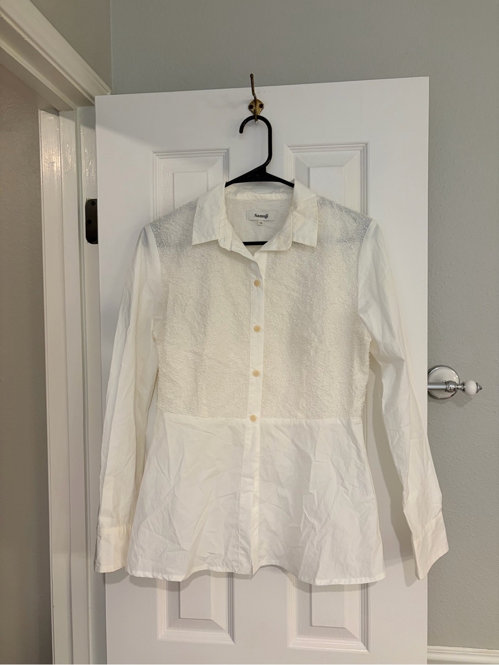 Samuji White Textured Lace Paneled Blouse 38 US 6 Medium Japan Fabric